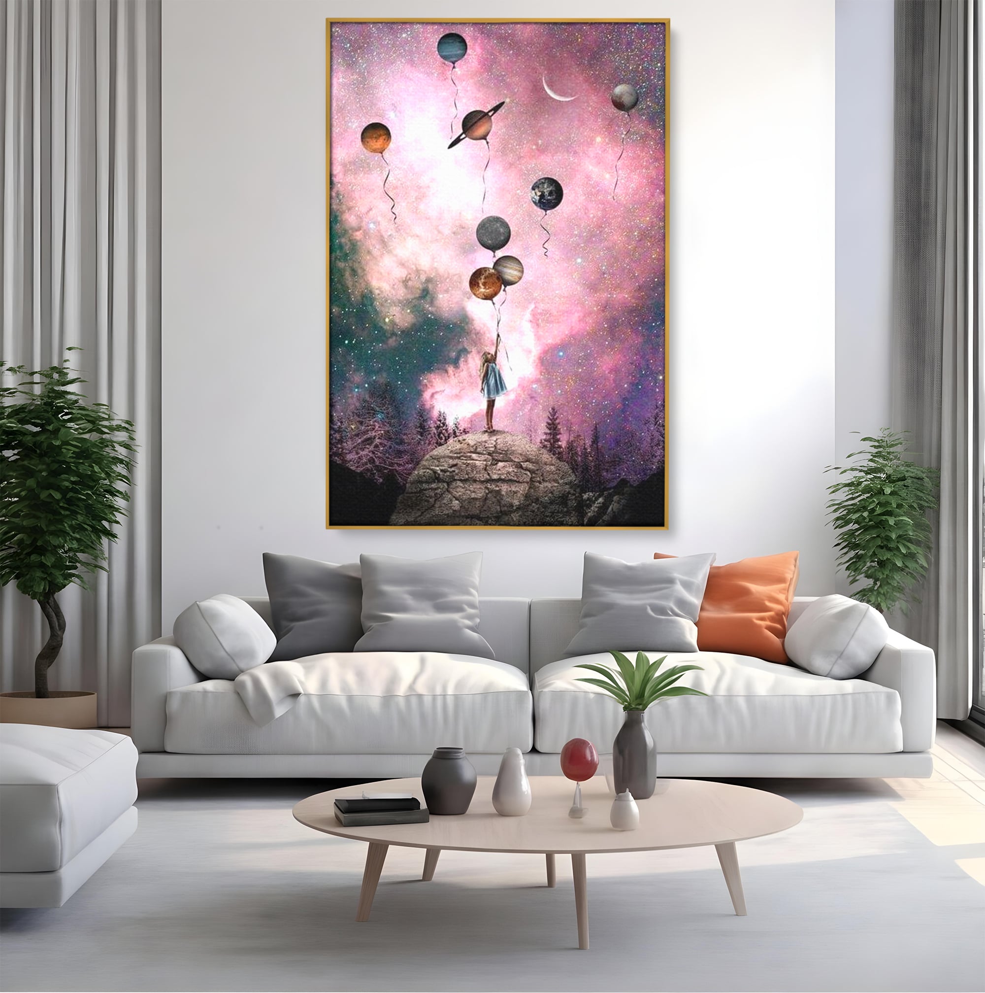 Tablou canvas cu ilustratie fetita tinand baloane planete, in rama de aluminiu auriu, pe perete intr-un living